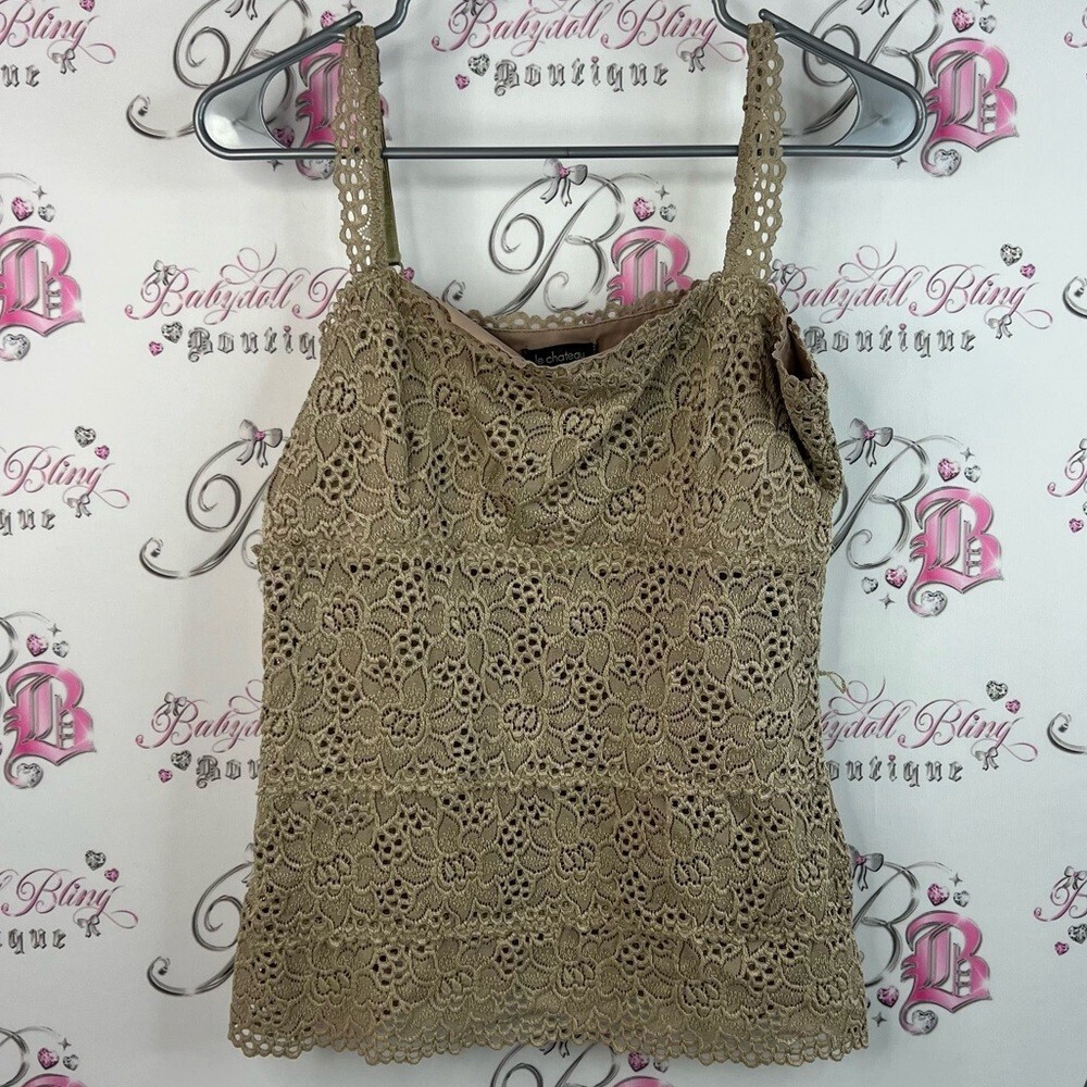 Le Chateau tank top crochet style floral flowers gold knit Tan Lace Camisole